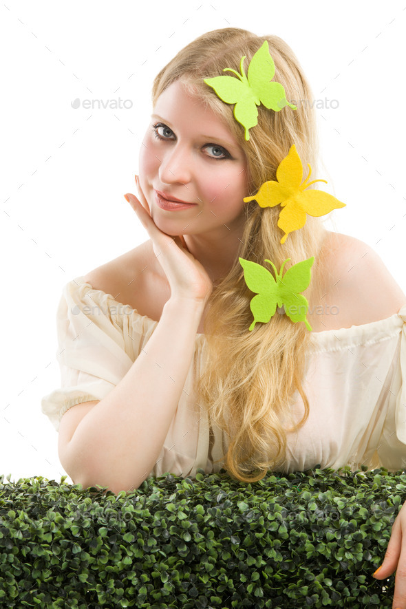 Beautiful blonde woman with butterfly decoration. (Misc) Photo Download