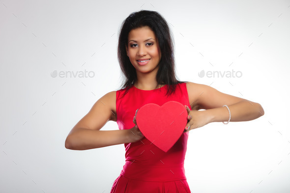 lovely woman with red heart shaped gift box (Misc) Photo Download