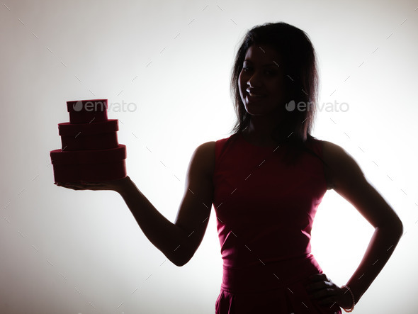 lovely woman with red heart shaped gift box (Misc) Photo Download