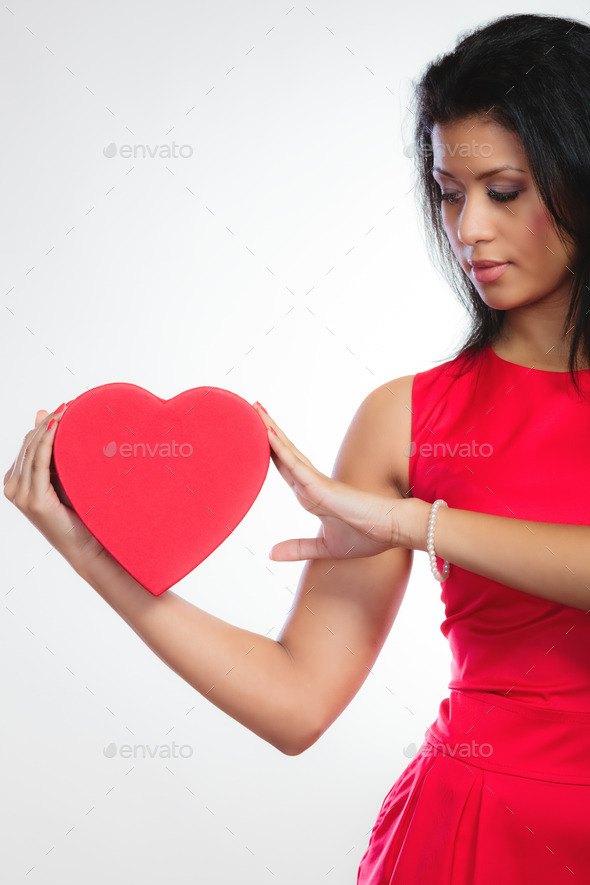 lovely woman with red heart shaped gift box (Misc) Photo Download