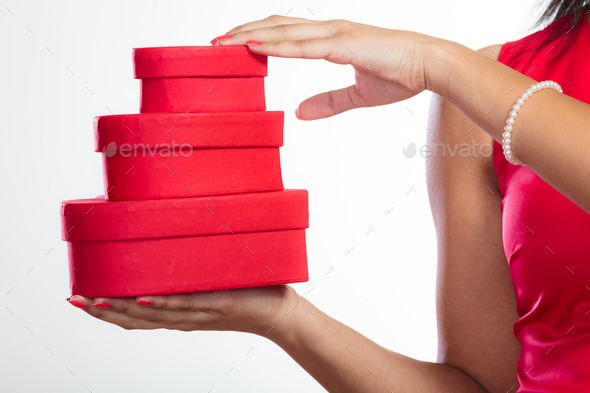 woman with red heart shaped gift boxes (Misc) Photo Download