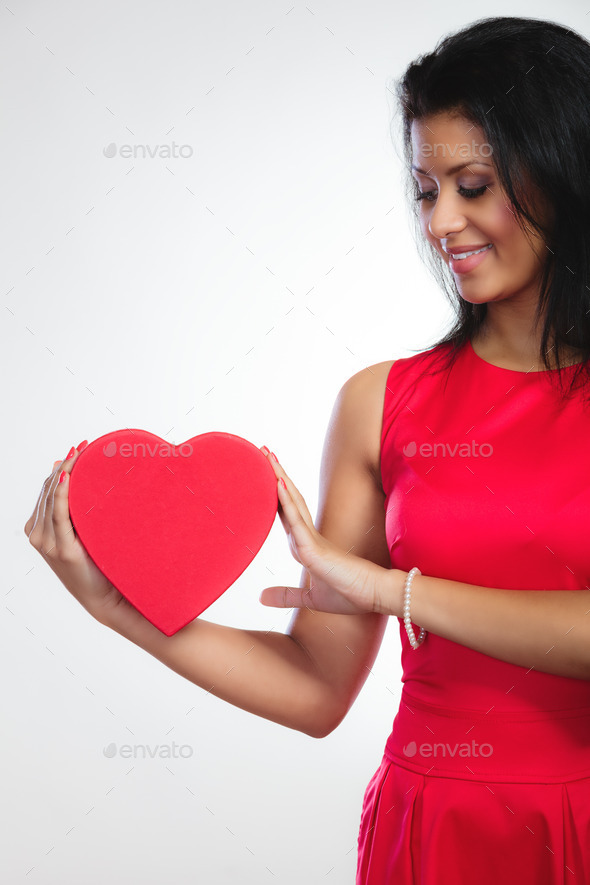 lovely woman with red heart shaped gift box (Misc) Photo Download