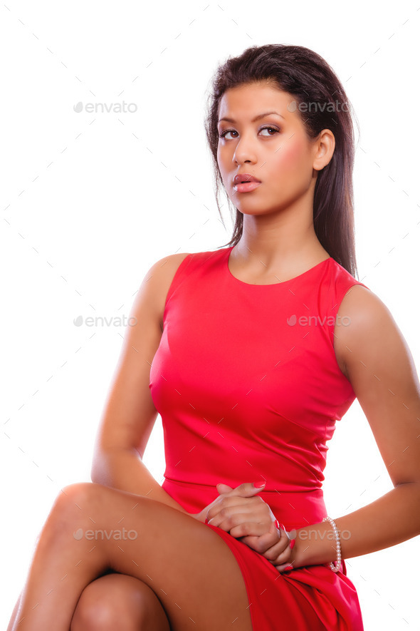 Girl mixed race in red dress posing (Misc) Photo Download