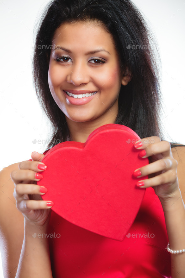 lovely woman with red heart shaped gift box (Misc) Photo Download