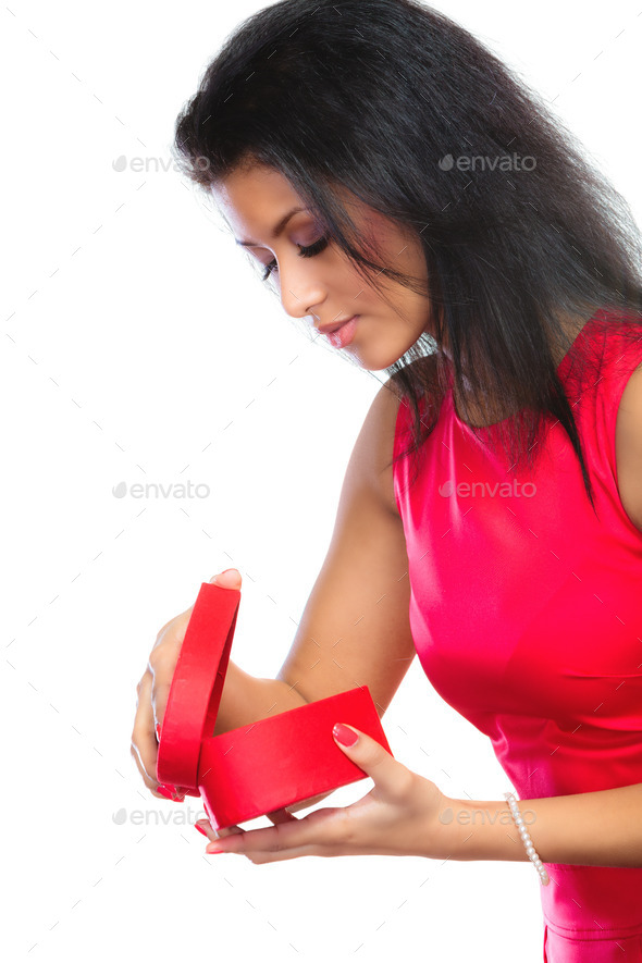 woman opening red heart shaped gift box (Misc) Photo Download