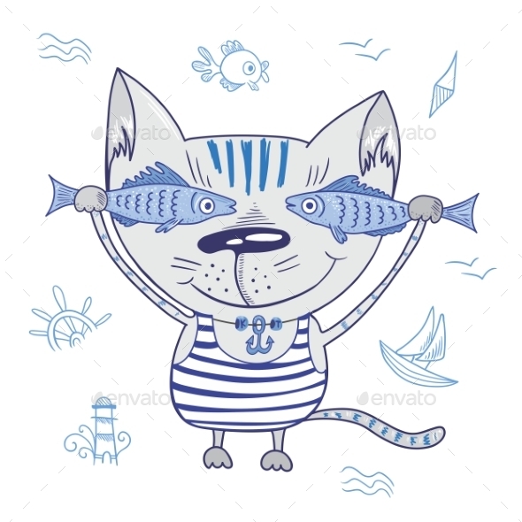 GraphicRiver Funny Vector Cat with Fishes 10948804 GraphicRiver Funny Vector Cat with Fishes 10948804