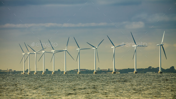 wind turbines power generator farm along coast sea