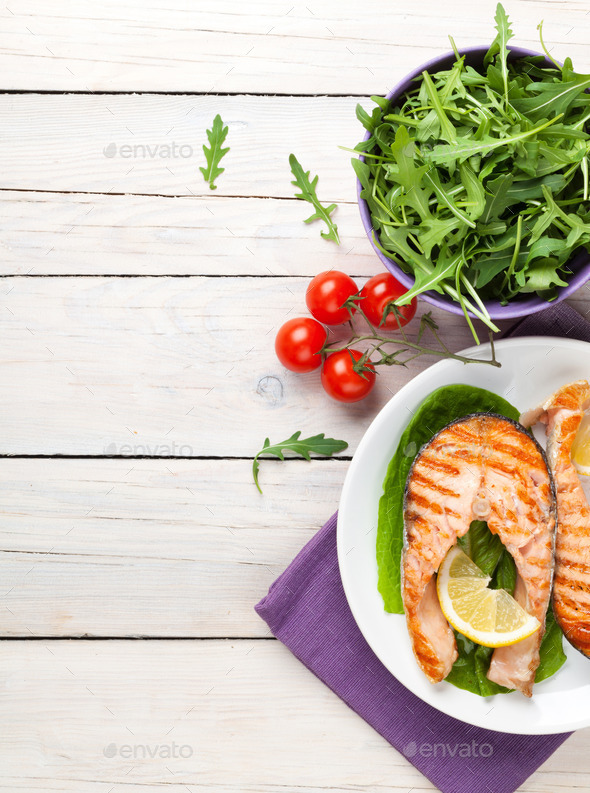 Grilled salmon and salad (Misc) Photo Download