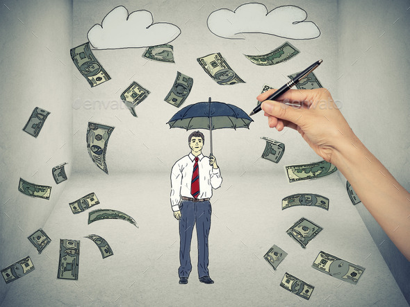 Sketch of a man under a money rain isolated on gray background