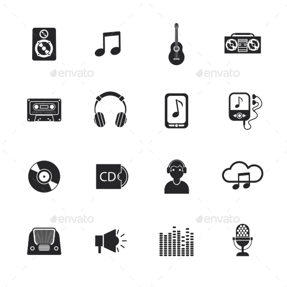 Music icons set mobile black (Technology)