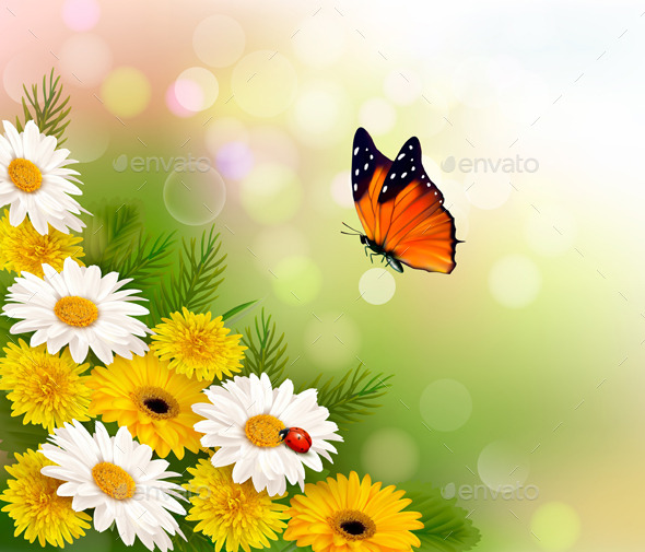 Spring Background Flowers and a Butterfly (Flowers & Plants)