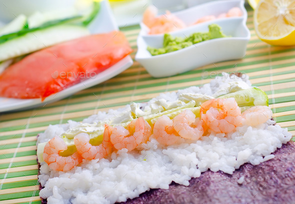 Fresh ingredients for sushi, rice and shrimps (Misc) Photo Download