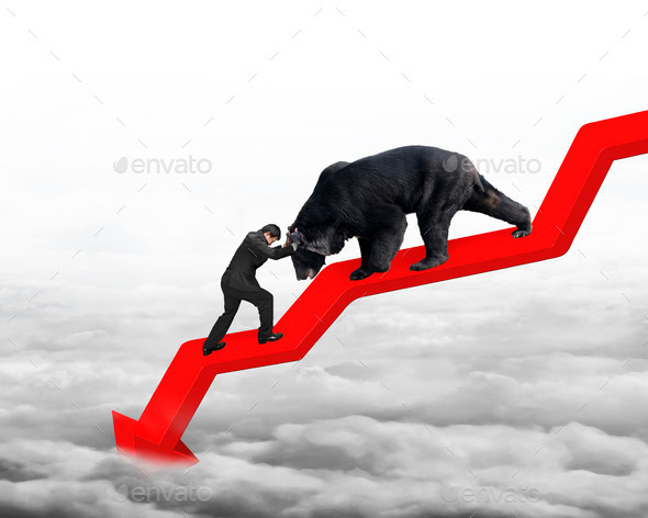 Businessman against bear on arrow downward trend line with cloudscape (Misc) Photo Download