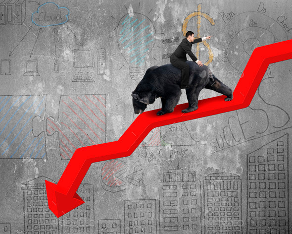 Businessman riding bear on arrow downward trend line with doodles (Misc) Photo Download