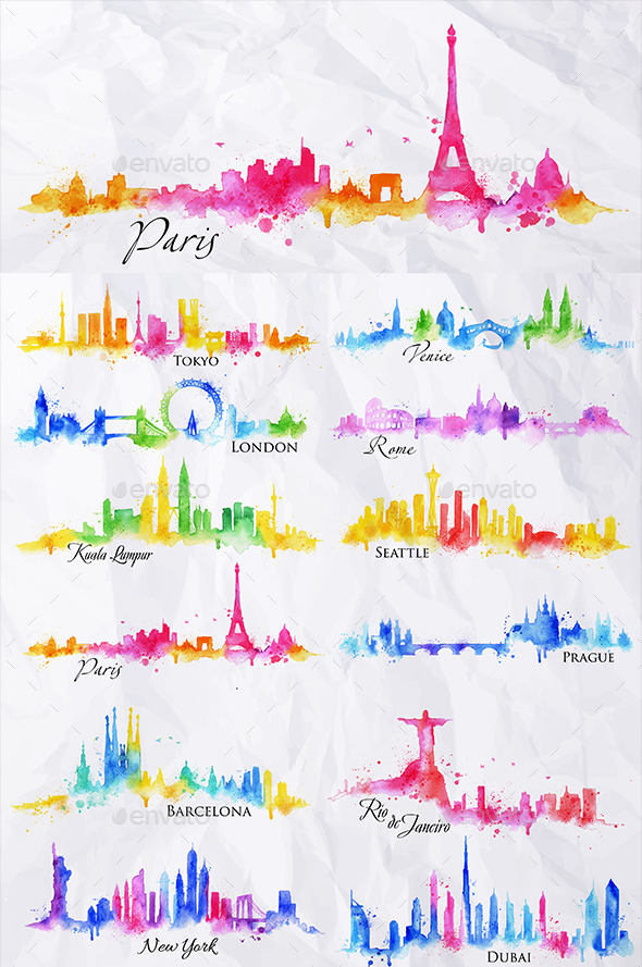 GraphicRiver Watercolor Cities Silhouettes 11050472 GraphicRiver Watercolor Cities Silhouettes 11050472
