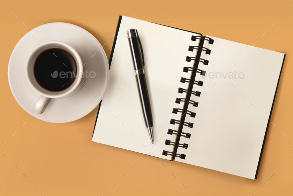 GraphicRiver Open Notebook with Coffee 11057646 GraphicRiver Open Notebook with Coffee 11057646