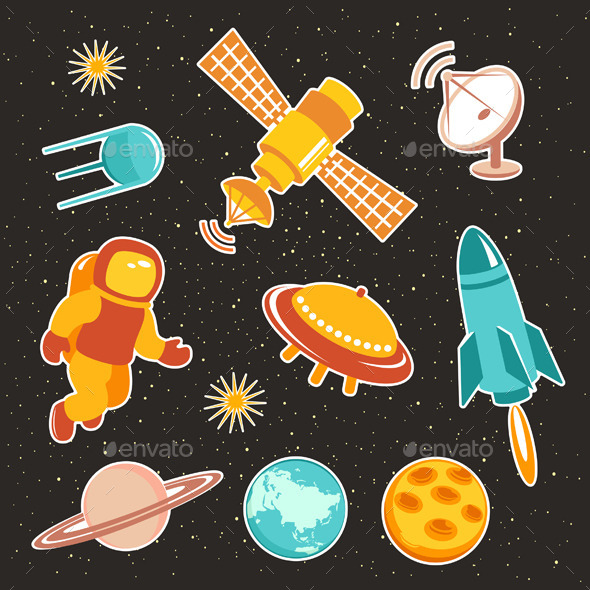 Space Ship Icons With Planets And Astronaut