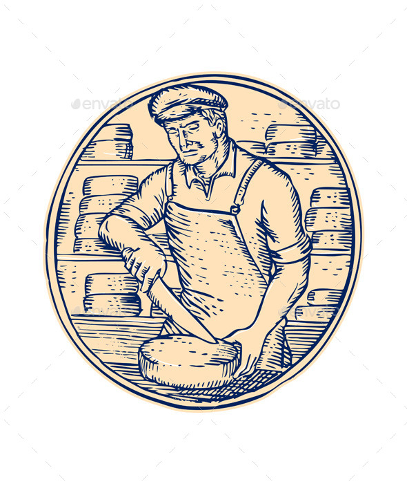 GraphicRiver Cheesemaker Cutting Cheddar Cheese Etching 11071690 GraphicRiver Cheesemaker Cutting Cheddar Cheese Etching 11071690
