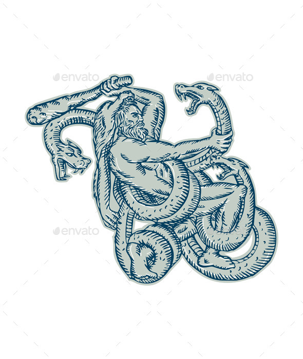 GraphicRiver Hercules Fighting Hydra Club Etching 11071828 GraphicRiver Hercules Fighting Hydra Club Etching 11071828