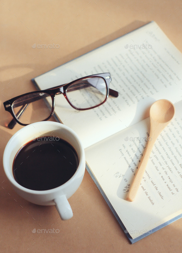 eyeglasses and book with black coffee , retro filter effect (Misc) Photo Download