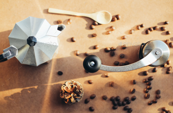 Coffee maker and grinder with coffee beans, retro filter effect (Misc) Photo Download