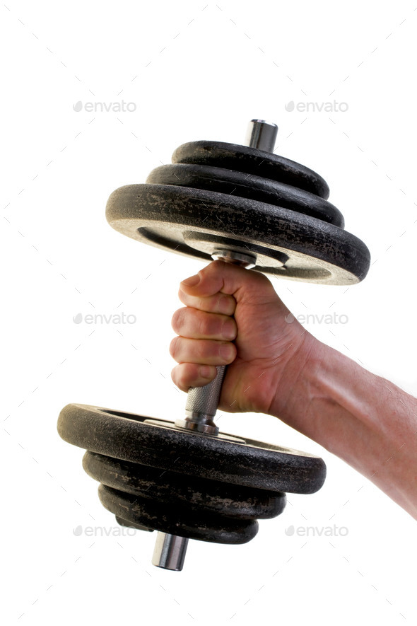 Men's hand holding a black dumbbell, isolated on white background. (Misc) Photo Download