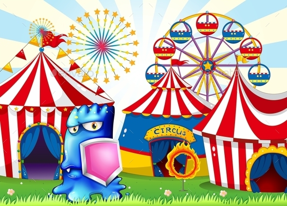 GraphicRiver A Carnival with a Blue Monster Holding a Shield 11086424 GraphicRiver A Carnival with a Blue Monster Holding a Shield 11086424