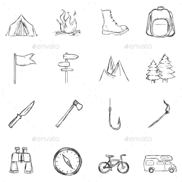 GraphicRiver Set of Sketch Hiking and Camping Icons 11103202 GraphicRiver Set of Sketch Hiking and Camping Icons 11103202