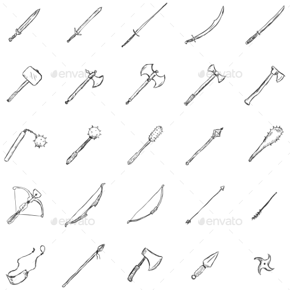 GraphicRiver Set of Sketch Medieval Weapon Icons 11103213 GraphicRiver Set of Sketch Medieval Weapon Icons 11103213