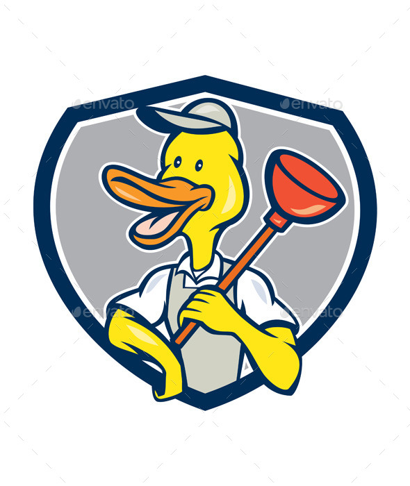 GraphicRiver Duck Plumber Holding Plunger Shield Cartoon 11106366 GraphicRiver Duck Plumber Holding Plunger Shield Cartoon 11106366