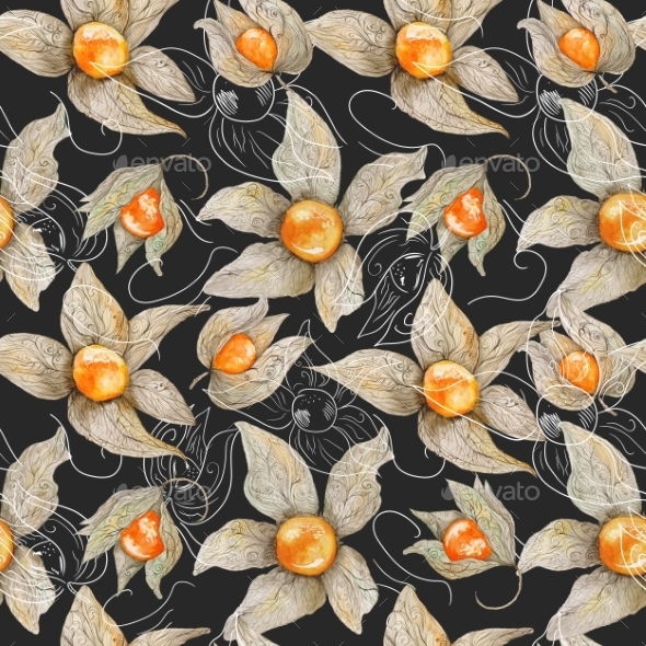 GraphicRiver Watercolor Pattern with Physalis 11139289 GraphicRiver Watercolor Pattern with Physalis 11139289