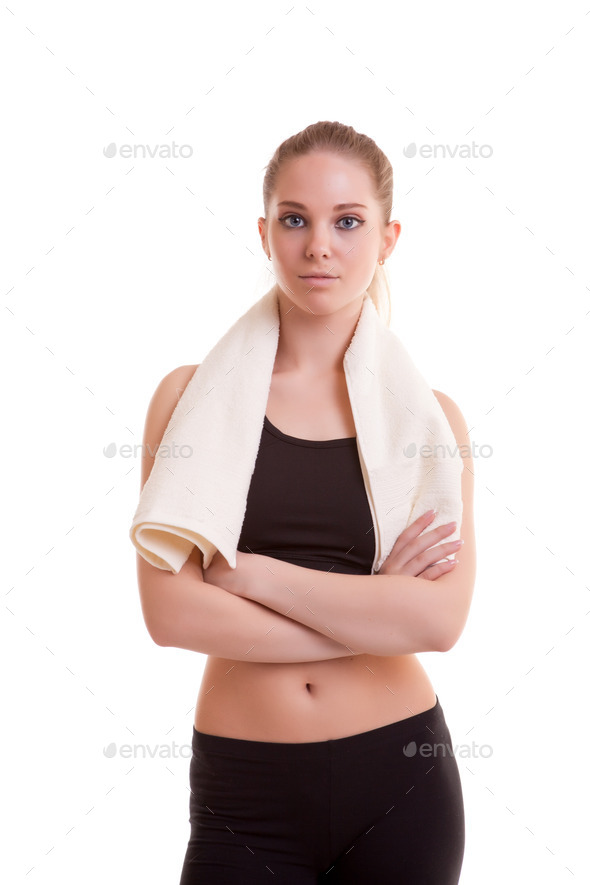 Healthy young woman after sport with towel on shoulder (Misc) Photo Download