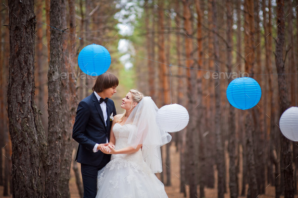 happy bride and groom walking in the autumn forest (Misc) Photo Download