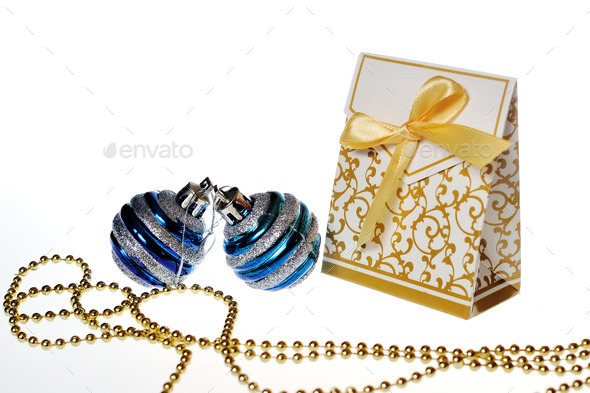 white box with festive ornaments and golden ribbon, beads and balls (Misc) Photo Download