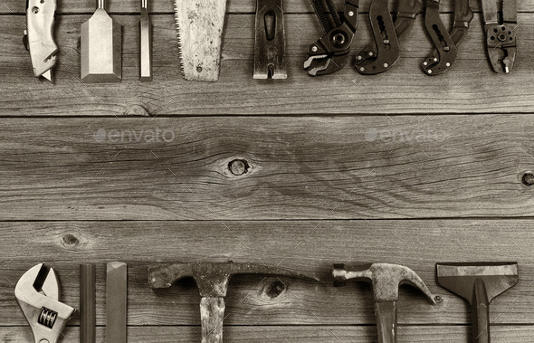 Old Work Tools on Aged Wood