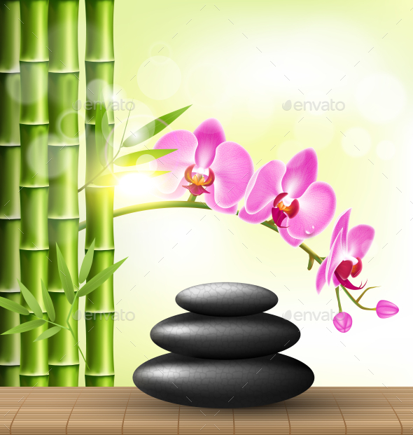 Spa Stones with Pink Orchid and Bamboo (Flowers & Plants)