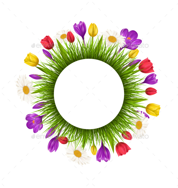 Circle Flowers Frame with Green Grass (Flowers & Plants)