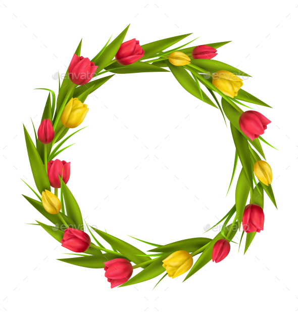 Circle Frame with Red and Yellow Tulips on White (Flowers & Plants)