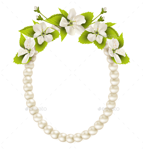 Pearl Oval like Frame with Cherry Flowers on White (Man-made Objects)