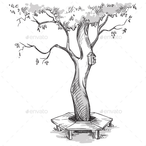 GraphicRiver Garden Tree with a Wooden Bench Around It 11206772 GraphicRiver Garden Tree with a Wooden Bench Around It 11206772
