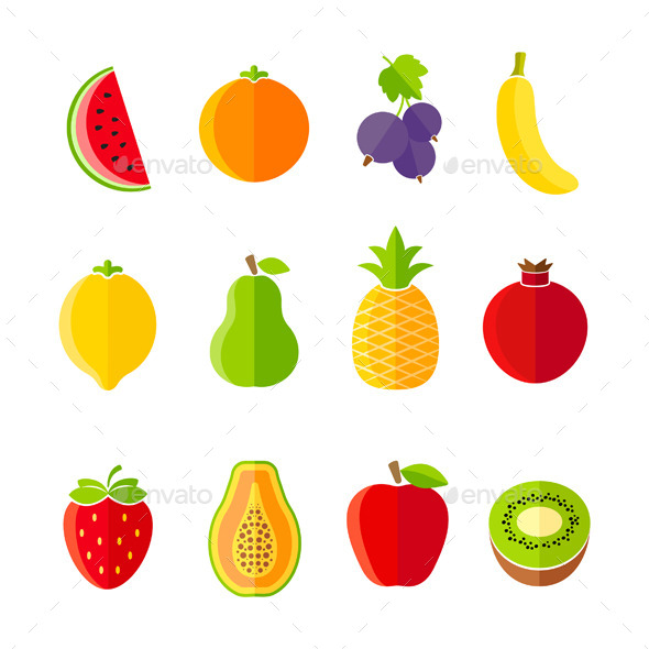 Organic Fresh Fruits and Berries Icons Set