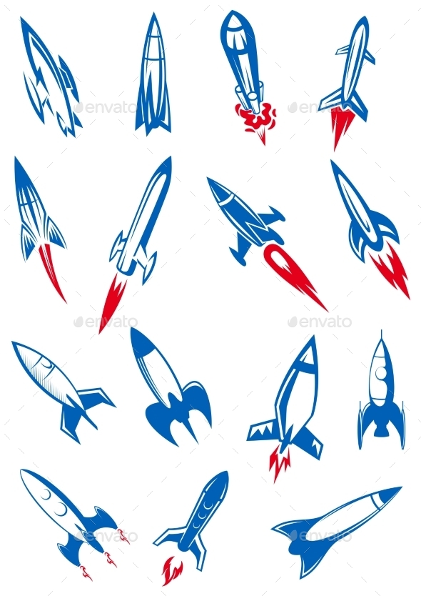 Cartoon Blue Space Rockets And Missiles