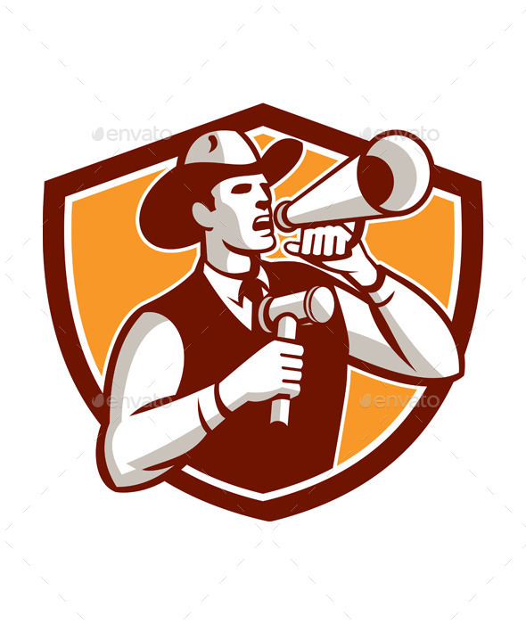 GraphicRiver Cowboy Auctioneer Bullhorn Gavel Shield 11217501 GraphicRiver Cowboy Auctioneer Bullhorn Gavel Shield 11217501