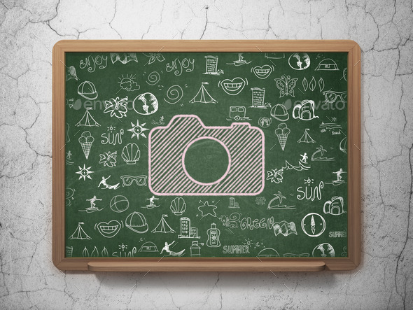 Vacation concept: Photo Camera on School Board background (Misc) Photo Download