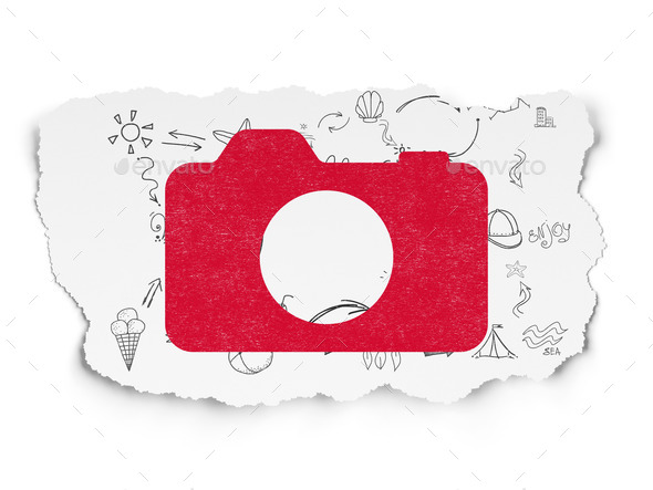 Vacation concept: Photo Camera on Torn Paper background (Misc) Photo Download