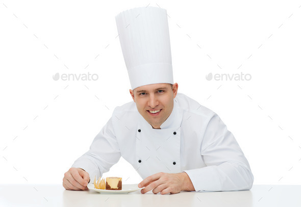 happy male chef cook with dessert