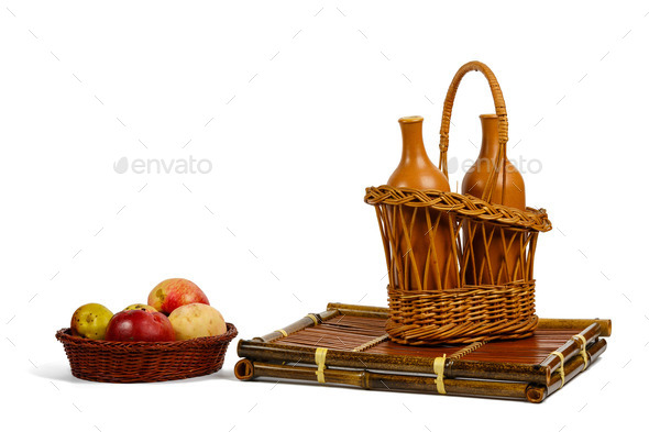 Baskets with apples and wine bottles (Misc) Photo Download