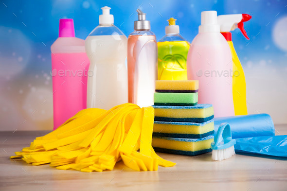 Set of cleaning products, home work colorful theme