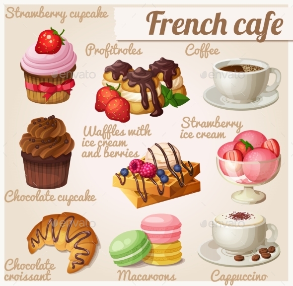 GraphicRiver Set Of Food Icons French Cafe Chocolate Cupcake 11259429 GraphicRiver Set Of Food Icons French Cafe Chocolate Cupcake 11259429