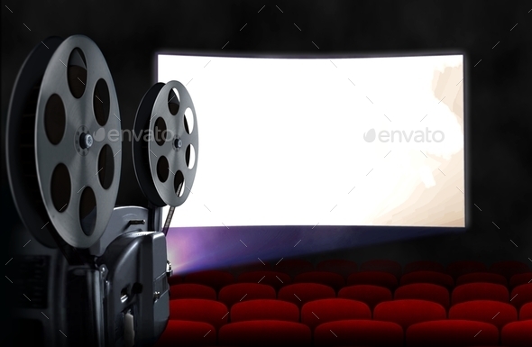 Blank cinema screen with empty seats and projector